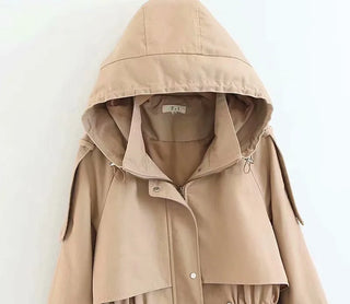 Stylish Lady New New Hot Autumn Hooded Long Coat Jacket Women Fashion Drawstring High Waist Long Sleeve Zipper Outwear Jackets