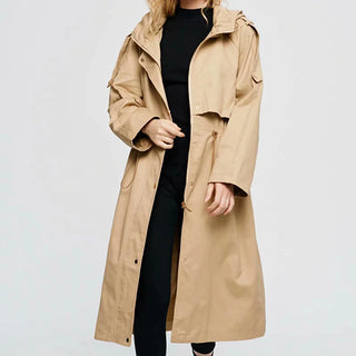 Stylish Lady New New Hot Autumn Hooded Long Coat Jacket Women Fashion Drawstring High Waist Long Sleeve Zipper Outwear Jackets