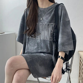 Tie Dye Gradient Loose Tops Tees Summer New Round Neck Short Sleeve Plus Size Pullovers Korean Style Fashion Women Clothing