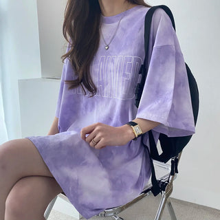 Tie Dye Gradient Loose Tops Tees Summer New Round Neck Short Sleeve Plus Size Pullovers Korean Style Fashion Women Clothing