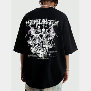 Tshirt Men's New Retro Graffiti Print Skull Pattern Trend Cotton Short Sleeved Loose Casual American High Street Hiphop Syle
