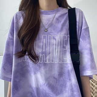 Tie Dye Gradient Loose Tops Tees Summer New Round Neck Short Sleeve Plus Size Pullovers Korean Style Fashion Women Clothing