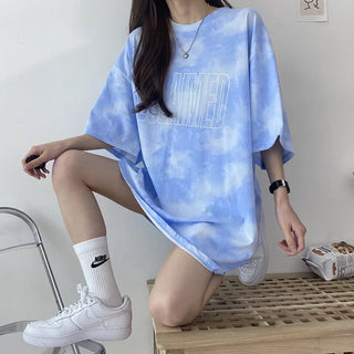 Tie Dye Gradient Loose Tops Tees Summer New Round Neck Short Sleeve Plus Size Pullovers Korean Style Fashion Women Clothing