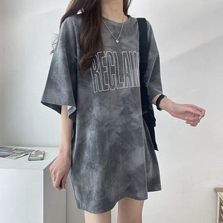Tie Dye Gradient Loose Tops Tees Summer New Round Neck Short Sleeve Plus Size Pullovers Korean Style Fashion Women Clothing