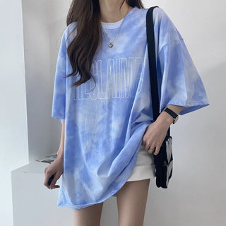 Tie Dye Gradient Loose Tops Tees Summer New Round Neck Short Sleeve Plus Size Pullovers Korean Style Fashion Women Clothing