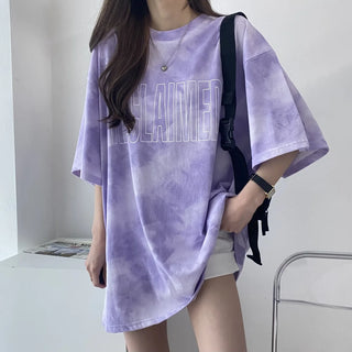 Tie Dye Gradient Loose Tops Tees Summer New Round Neck Short Sleeve Plus Size Pullovers Korean Style Fashion Women Clothing